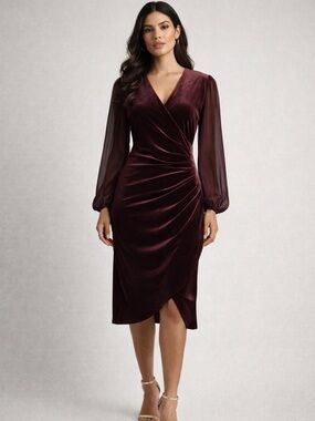 DKNY Burgundy Velvet Wrap Dress Sheer Balloon Sleeve Midi Ruched Holiday Party 2